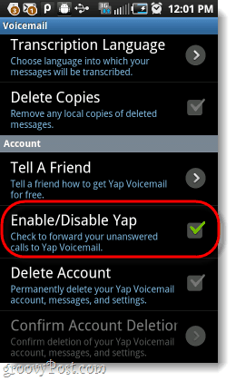 dezactivați Yap de la mesageria vocală pentru Android