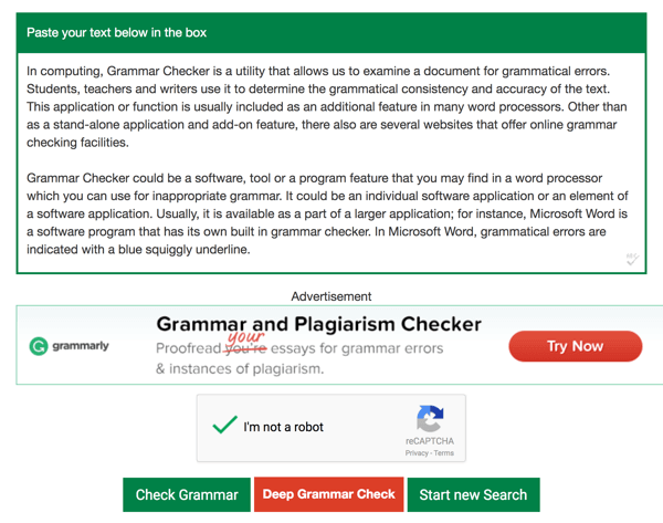 Inserați textul în caseta de text Grammar Checker și faceți clic pe Verificați gramatica.