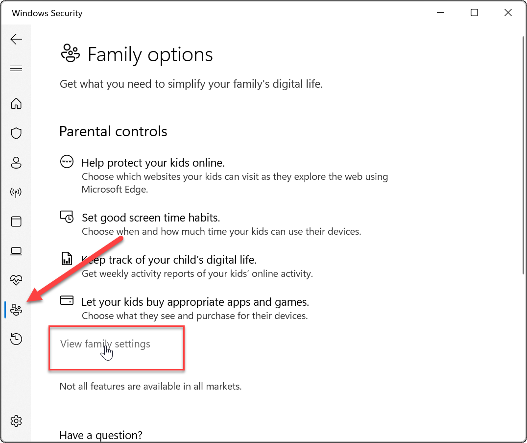 Opțiuni Windows Security Family