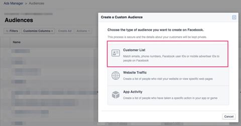 crearea unei audiențe personalizate pe Facebook a abonaților de e-mail