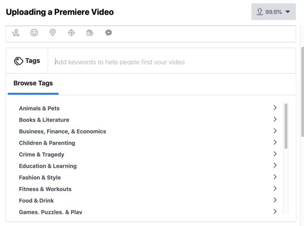 Cum se configurează Facebook Premiere, pasul 4, etichete video