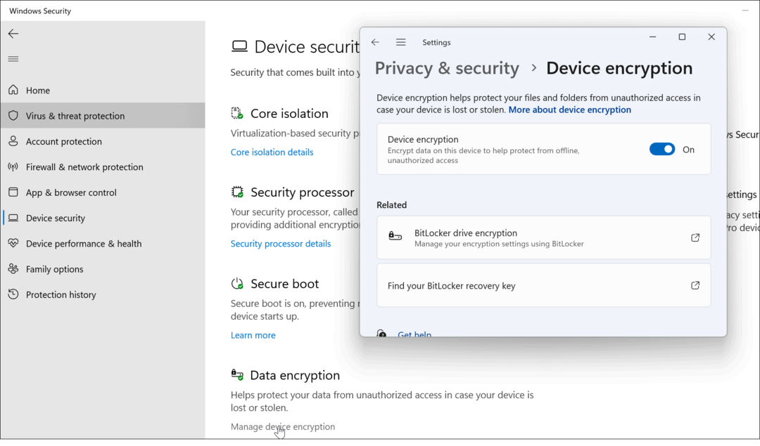 criptarea dispozitivului folosește securitatea Windows pe Windows 11 pentru o protecție optimă