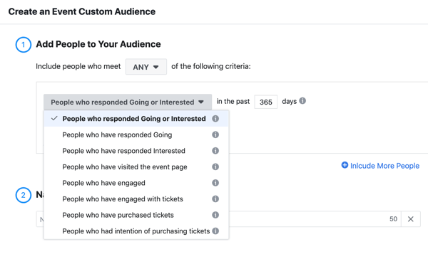Cum să-ți promovezi evenimentul live pe Facebook, pasul 11, să creezi un public personalizat al evenimentelor cu persoane care au răspuns sau au fost interesate de evenimentul tău