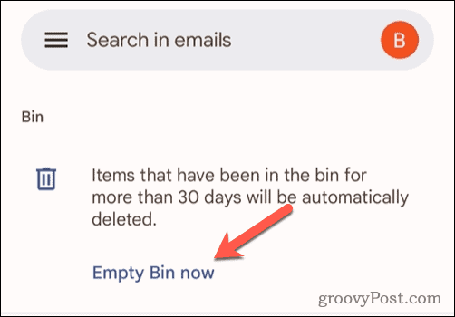Opțiunea de golire a coșului de gunoi în Gmail pe mobil