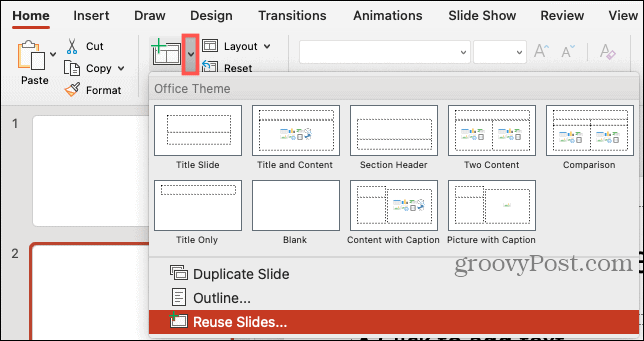 Diapozitiv nou, refolosire diapozitive în PowerPoint pe Mac