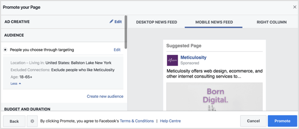 Facebook va popula automat setările pentru audiență pe baza paginii dvs. de locație. 