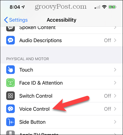 Atingeți Controlul vocal în Setările de accesibilitate pentru iPhone