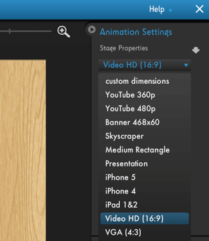 Faceți clic pe meniul Setări animație Moovly pentru a vedea opțiunile de optimizare a platformei video.