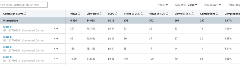 manager de campanie linkedin cu exemple de date care arată campanii, inclusiv vizualizări, rata de vizualizare, eCPV și vizualizări @ 25%, 50%, 75%, completări etc.