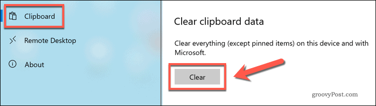 Ștergerea istoricului clipboard-ului Windows 10 în Setările Windows