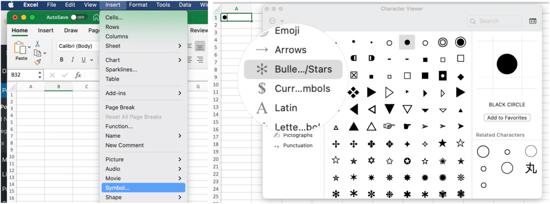 Introduceți gloanțe în Microsoft Excel pe Mac