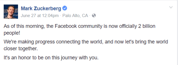 Facebook a depășit o etapă majoră de 2 miliarde de utilizatori activi lunar.