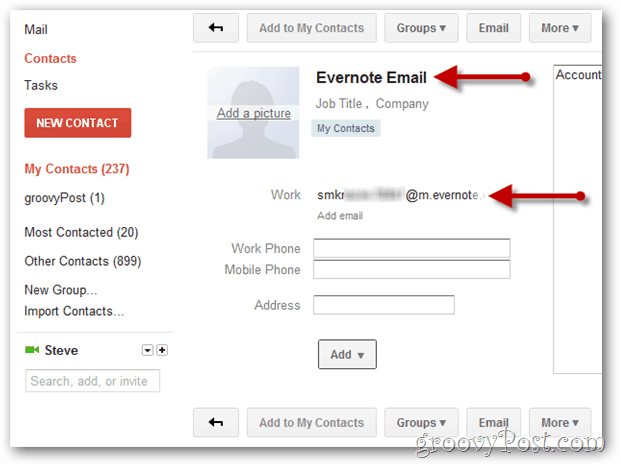 creați un contact gmail