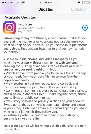 actualizarea povestirilor aplicației Instagram