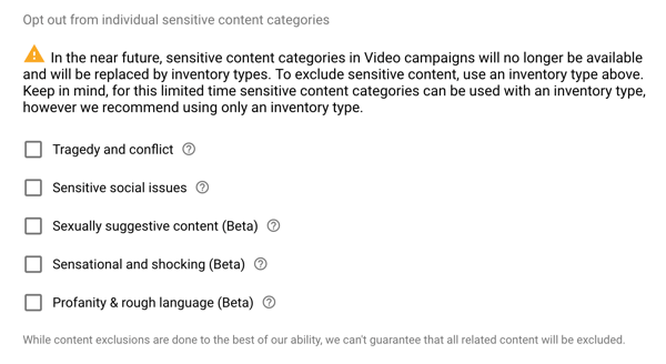 Cum să configurați o campanie publicitară YouTube, pasul 14, să setați conținutul exclus