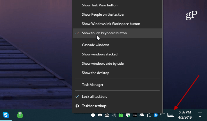 Windows 10 Afișați butonul tastatură tactilă