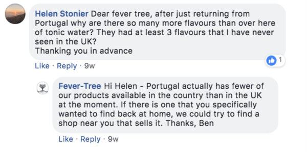 Exemplu de Fever-Tree care răspunde la întrebarea unui client pe o postare pe Facebook.
