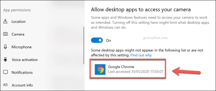 O listă de aplicații desktop cu acces la cameră pe Windows 10