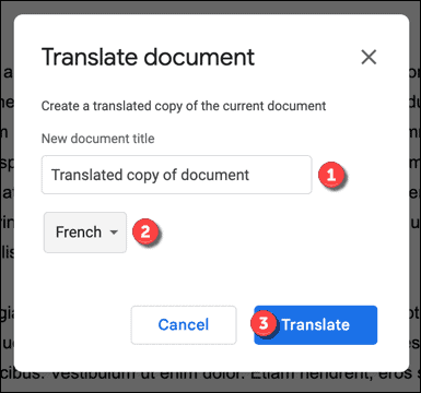 Opțiuni de traducere în Google Docs