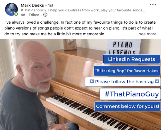 exemplu de videoclip linkedin de la mark deeks care prezintă suprapuneri de text cu apel la acțiune precum „cerere linkedin”, „vă rugăm să urmați hashtagul” și „comentați mai jos pentru dvs.!” printre alții
