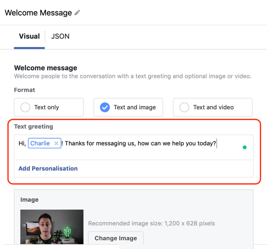 Cum să vizați clienții potențiali calzi cu anunțuri Facebook Messenger, pasul 12, exemplu de personalizare a șablonului personalizat de destinație Messenger