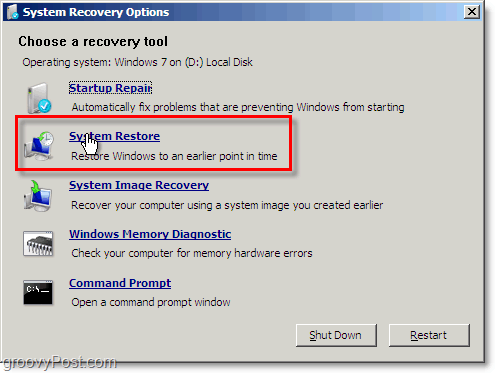 restaurarea sistemului Windows 7 este ușor de accesat din modul de reparare boto