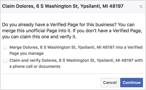 Selectați opțiunea de a îmbina o pagină de locație neoficială cu o pagină Facebook verificată pe care o gestionați.
