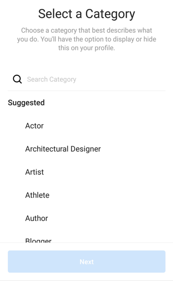 Selecția categoriei profilului creatorului Instagram, pasul 1.
