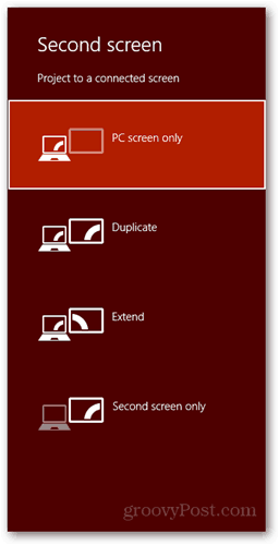  Comandă rapidă de la tastatură pentru Windows 8 conectează ecranul de ecran cu ecran nou, duplicat, extinde doar al doilea ecran