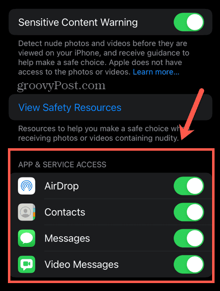 opțiuni de avertizare privind conținutul sensibil iOS