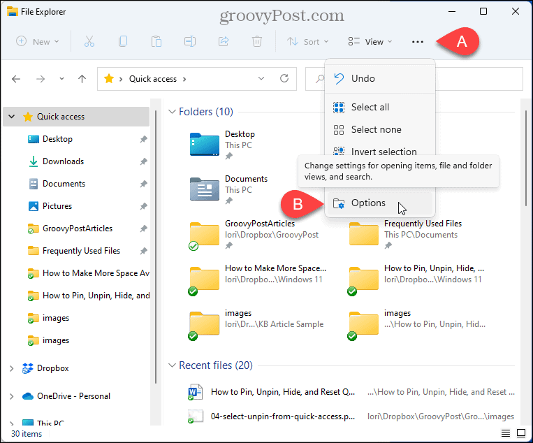 Selectați Opțiuni în File Explorer