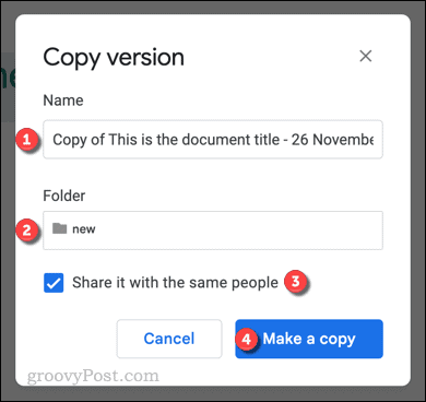 Copierea versiunii unui fișier Google Docs