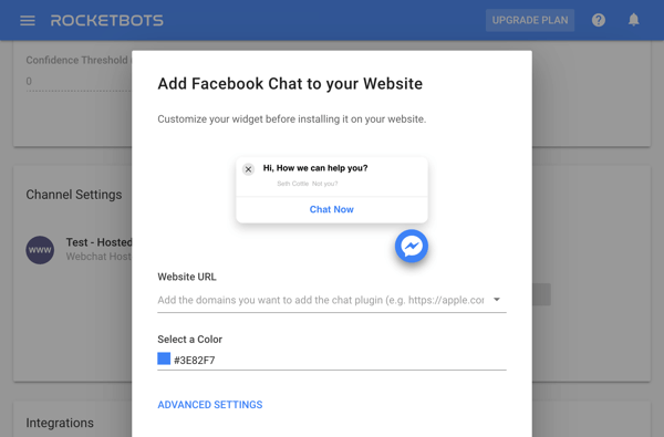 Utilizați Google Tag Manager cu Facebook, pasul 13, setări pentru a edita codul de încorporare a chat-ului Facebook cu un instrument terță parte