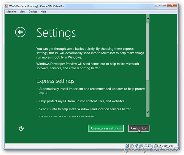 VirtualBox Windows 8 configurează expresia sau personalizarea