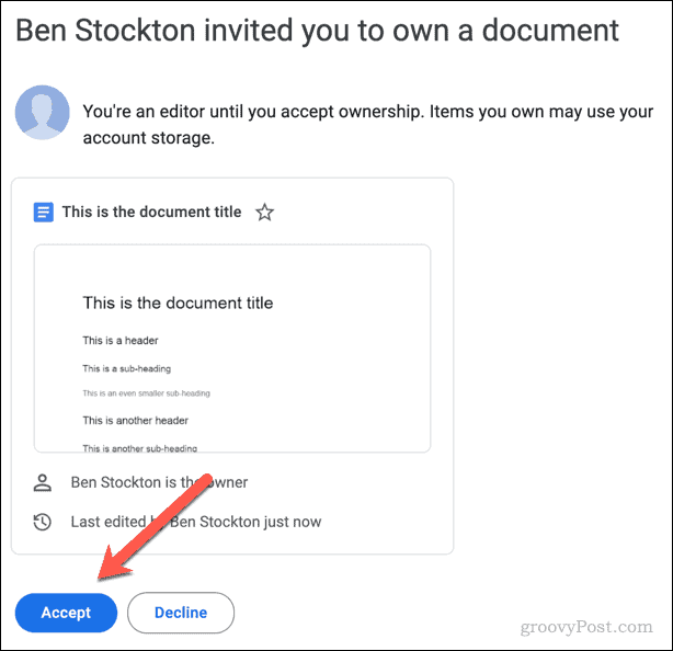 Invitație prin e-mail de a accepta sau de a respinge dreptul de proprietate asupra unui fișier Google Docs