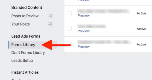 Opțiunea Formulare bibliotecă în Instrumente de publicare Facebook