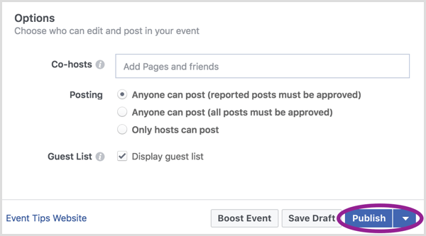 Când ați terminat de creat evenimentul dvs. Facebook, faceți clic pe Publicați.