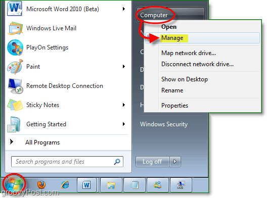 accesați managerul de dispozitiv din meniul de pornire Windows 7