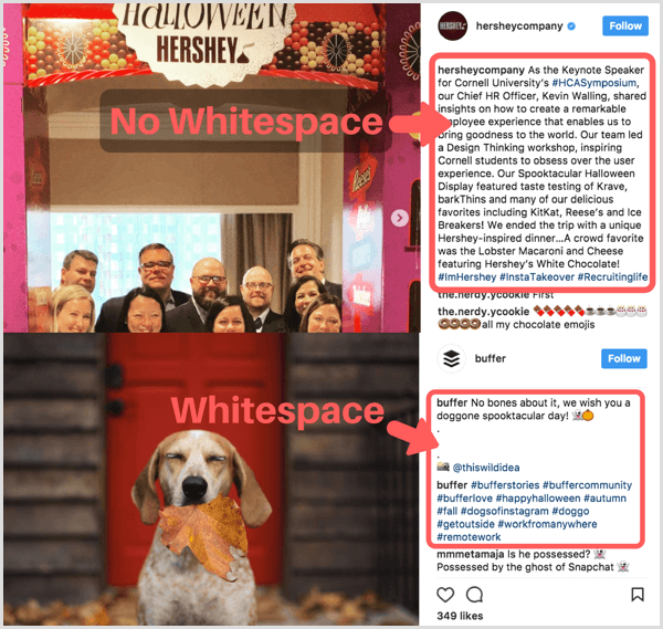 Legenda Instagram folosirea spațiului alb