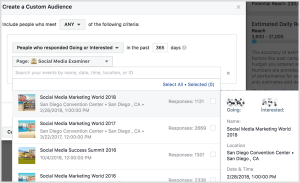 Managerul Facebook Ads creează un public personalizat pe baza implicării evenimentului