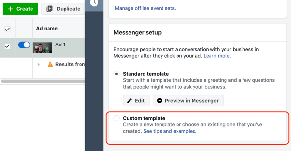Cum să vizați clienții potențiali calzi cu anunțuri Facebook Messenger, pasul 10, opțiunea șablon personalizat de destinație Messenger
