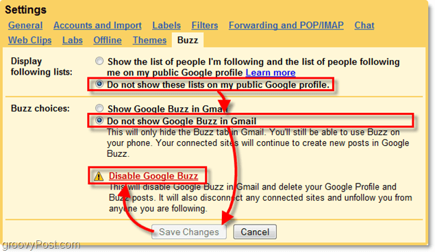 în setările gmail, faceți clic pe fila Google Buzz