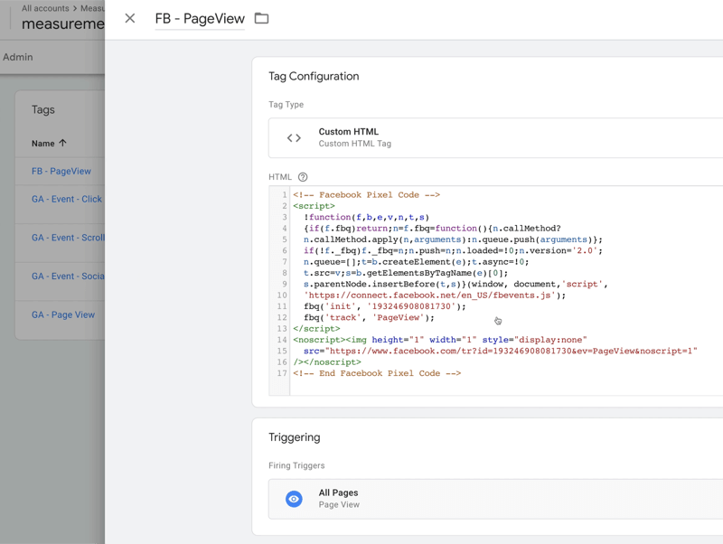 exemplu configurarea etichetei Google Tag Manager numită vizualizare pagină fb cu tip de etichetă setat la html personalizat cu un anumit cod HTML, cu declanșatoare de declanșare setate la toate paginile