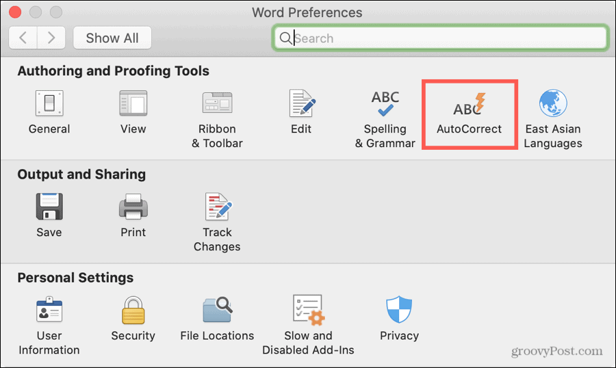 Word Preferences AutoCorrect pe Mac