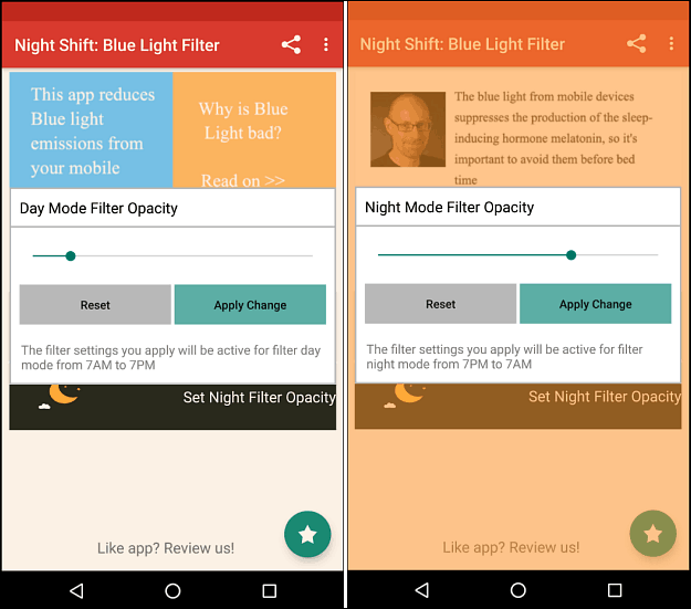 schimb de noapte filtru luminos albastru Android