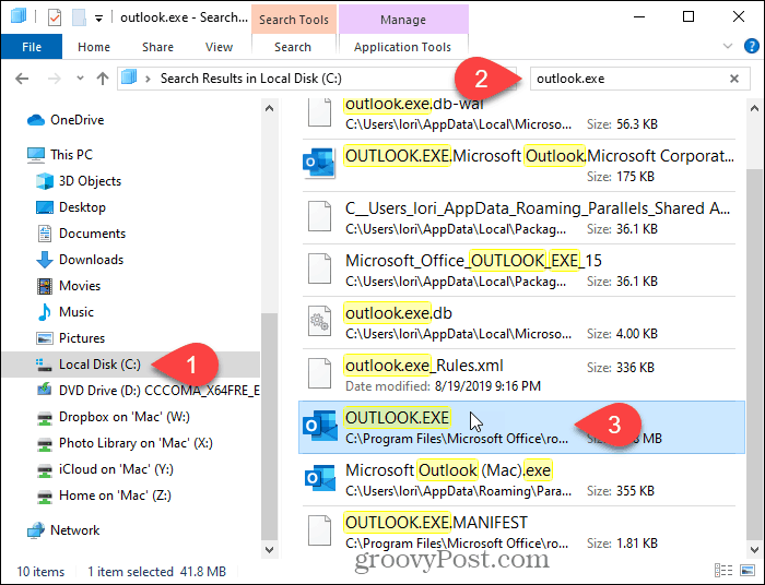 Căutați Outlook în File Explorer
