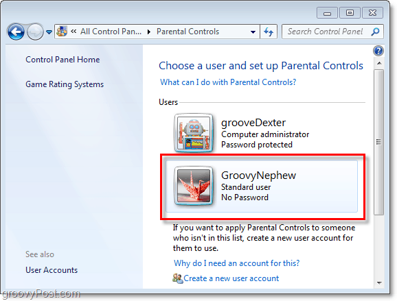alegeți un utilizator pentru a regla proprietățile de control parental pentru Windows 7