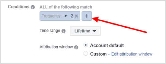 Faceți clic pe butonul + pentru a configura a doua condiție pentru regula automată Facebook