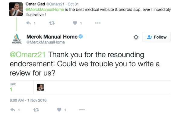 Merck Manual Home încurajează un client să lase o recenzie pentru aplicația sa.