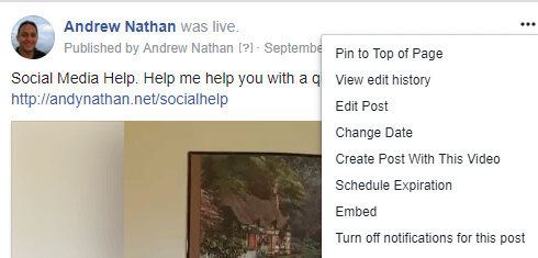 Pentru a obține codul de încorporare într-o postare video Facebook Live, faceți clic pe meniul cu trei puncte și selectați Încorporați.